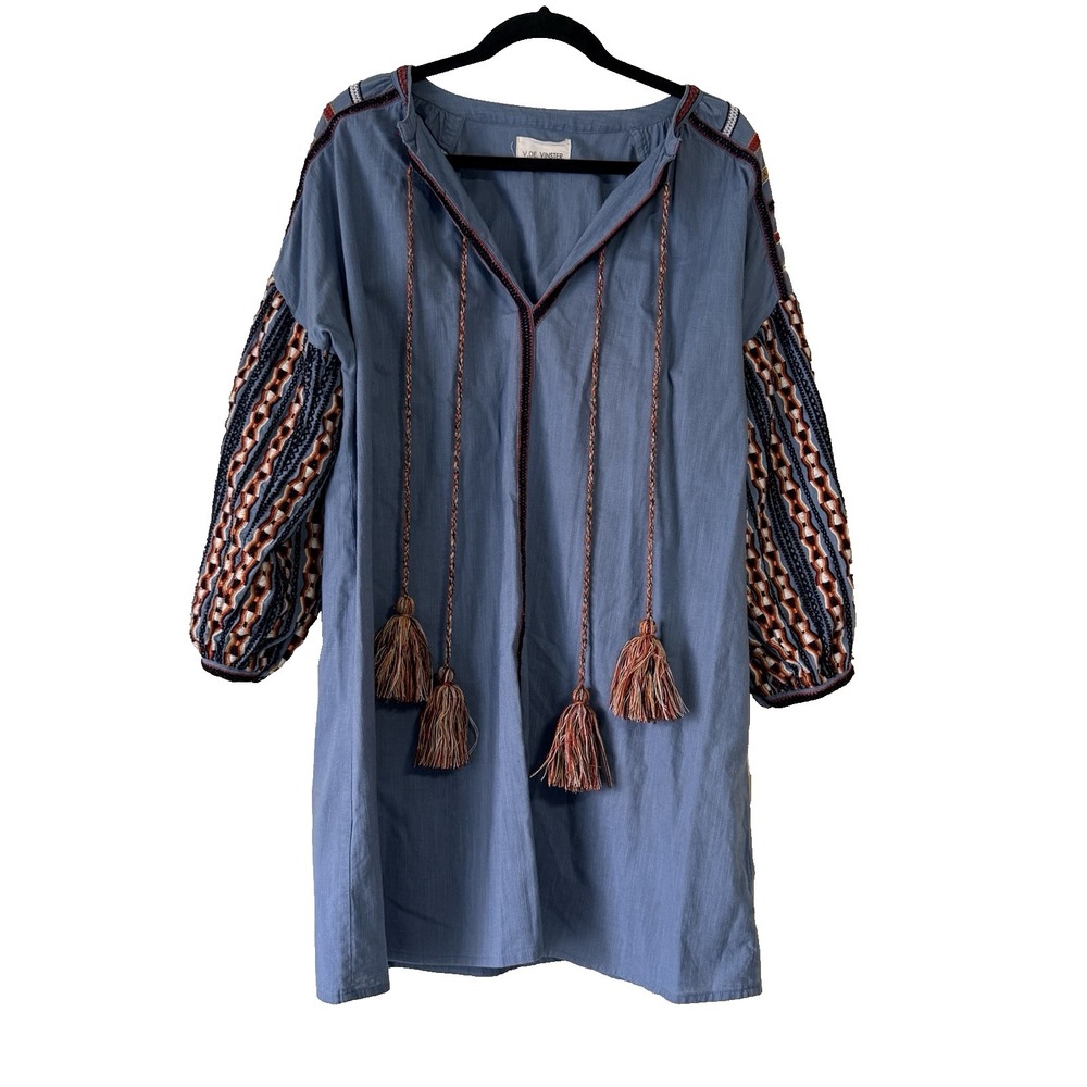 V DE VINSTER African Tunic Dress Small Blue Boho Embroidered Balloon Lagenlook